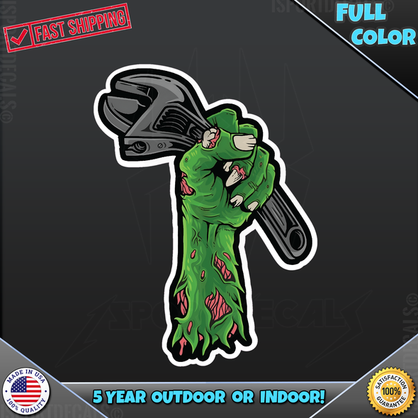 Mechanic Zombie Hand Busted Knuckles Holding Wrench Car Vinyl Decal Sticker
