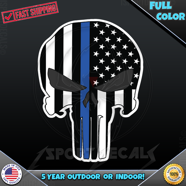 Punisher Skull Thin Blue Line Police Support US United States Flag Waving 010 Car Truck Window Wall Laptop PC Vinyl Decal Sticker any smooth surface