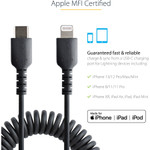 StarTech RUSB2CLT1MBC 1m (3ft) USB C to Lightning Cable, MFi Certified, Coiled iPhone Charger Cable, Black, Durable TPE Jacket Aramid Fiber