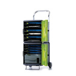 Front view of stacked and open device charging carts with green doors.