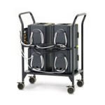 Closeup of the output of green charging modular carts combination of four boxes.