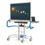 Front and side view of display cart linked with a computer.