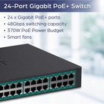 TRENDnet 24-Port Gigabit PoE+ Switch, 24 x Gigabit PoE+ Ports, 370W Power Budget, 48Gbps Switch Capacity, RackMount Kit Included, Ethernet Network Switch, Metal, Lifetime Protection, Black, TPE-TG240G