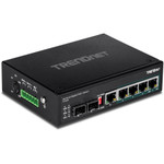 TRENDnet 6-Port Hardened Industrial Gigabit PoE+ DIN-Rail Switch, 4 x Gigabit PoE+ Ports, Shared Gigabit Port (RJ-45/SFP), Dedicated SFP, 120W Power Budget, IP30, Lifetime Protection, Black, TI-PG62