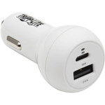 Tripp Lite Dual-Port USB Car Charger 30W PD Charging USB-C (18W) & USB-A (12W) USB-C to Lightning Cable White