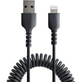 StarTech RUSB2ALT1MBC 1m (3ft) USB to Lightning Cable, MFi Certified, Coiled iPhone Charger Cable, Black, Durable TPE Jacket Aramid Fiber