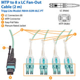 Tripp Lite N844-02M-8LC-PT MTP/MPO Fan-out Cable with Push/Pull Tab Connectors MTP/MPO to 4xLC 40GbE 40GBASE-SR4,OM3 Plenum-rated Aqua 2M (6.56 ft.)