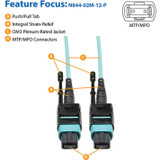 Tripp Lite N844-02M-12-P MTP/MPO Patch Cable with Push/Pull Tabs 12 Fiber 40GbE 40GBASE-SR4 OM3 Plenum-Rated Aqua 2M (6 ft.)