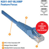 Tripp Lite N201-007-BL50BP Cat6 Gigabit Snagless Molded (UTP) Ethernet Cable (RJ45 M/M) PoE Blue 7 ft. (2.13 m) 50-Piece Bulk Pack