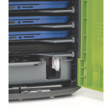 Closeup of laptops stacked in 6 tub modular cart.