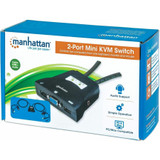 Manhattan KVM Switch Mini 2-Port, 2x USB-A, Cables included, Audio Support, Control 2x computers from one pc/mouse/screen, Black, Lifetime Warranty, Boxed