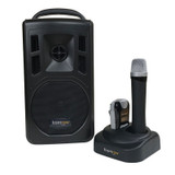 Stand up speaker with microphones in charging case next to it.