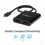 StarTech.com USB-C to Dual DisplayPort 1.2 Adapter, USB Type-C Multi-Monitor MST Hub, Dual 4K 30Hz DP Display Extender/Splitter, Windows