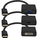 3PK DisplayPort 1.2 Male to DVI, HDMI, VGA Female Black Adapters Which Comes in a Bundle For Resolution Up to 1920x1200 (WUXGA)