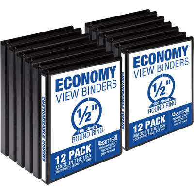 Samsill Economy 0.5 Inch 3 Ring Binder - Round Ring Binder - Black - 12 Pack