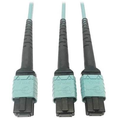 Tripp Lite N846D-01M-24BAQ 400G Multimode 50/125 OM4 Plenum Fiber Optic Cable 24F MTP/MPO-PC to (x2) 12F MTP/MPO-PC (F/F) Aqua 1 m