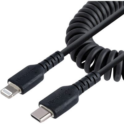 StarTech RUSB2CLT50CMBC 50cm / 20in USB C to Lightning Cable, MFi Certified, Coiled iPhone Charger Cable, Black, TPE Jacket Aramid Fiber