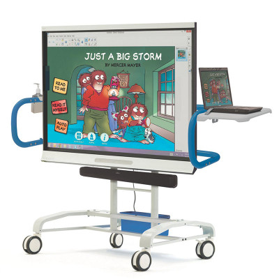Front and side view of display cart linked with a computer.