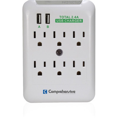 Comprehensive Wall Mount 6-Outlet Surge Protector With Dual-USB 2.4Amp Charging Ports