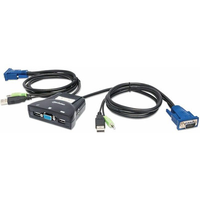 Manhattan KVM Switch Mini 2-Port, 2x USB-A, Cables included, Audio Support, Control 2x computers from one pc/mouse/screen, Black, Lifetime Warranty, Boxed