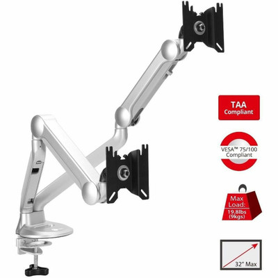 SIIG MTPRO Desk Mount Dual Gas Spring Monitor Arm - up to 32" Display - Max. Load 19.8 lbs - VESA 75 & 100mm