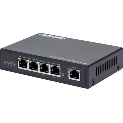 Intellinet 561617 4-Port Gigabit Ultra PoE Extender, Adds up to 100 m (328 ft.) to PoE Range, 90 W PoE Power Budget, Four PSE Ports with up to 30 W Output, IEEE 802.3bt/at/af Compliant, Metal Housing