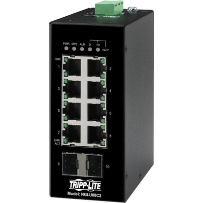 Tripp Lite 8-Port Unmanaged Industrial Gigabit Ethernet Switch 10/100/1000 Mbps 2 GbE SFP Slots -40&deg; to 75&deg;C DIN Mount