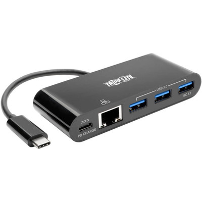 Tripp Lite 3-Port USB-C Hub with LAN Port and Power Delivery USB-C to 3x USB-A Gbe 60W PD Charging USB 3.0 Black