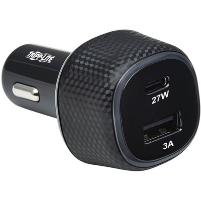 Tripp Lite Dual-Port USB Car Charger with 45W Charging USB-C (27W) QC4+ USB-A (18W) QC 3.0 Black
