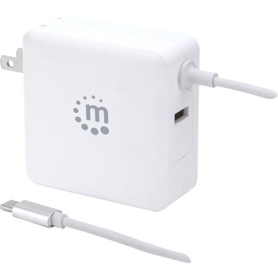 Manhattan Wall/Power Charger (Euro 2-pin), USB-C and USB-A ports, USB-C Output: 60W / 3A, USB-A Output: 2.4A, USB-C 1m Cable Built In, White, Three Year Warranty, Box