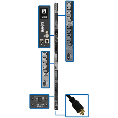 Tripp Lite 10kW 200-240V 3PH Switched PDU LX Interface Gigabit 30 Outlets L21-30P Input LCD 3 m Cord 0U 1.8 m Height TAA