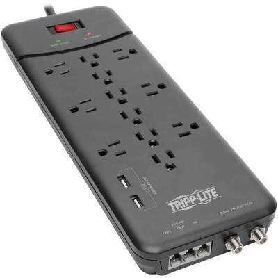 Tripp Lite Protect It! 12-Outlet Surge Protector 8 ft. (2.43 m) Cord 4320 Joules Tel/Modem/Coax Protection 2 USB Ports Black