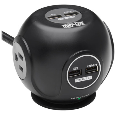 Tripp Lite 3-Outlet Spherical Surge Protector 4 USB Ports (4.8A Shared) 6 ft. (1.83 m) Cord 5-15P Plug 540 Joules Black