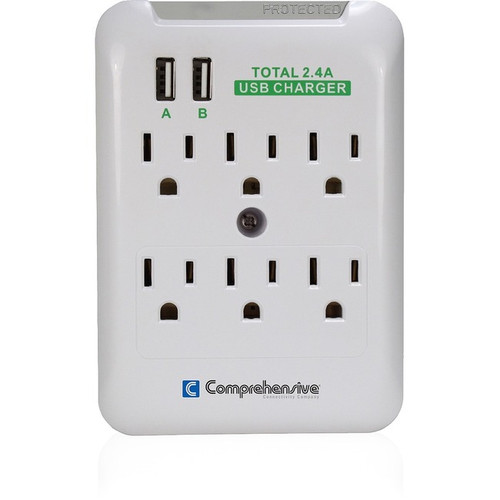 Comprehensive Wall Mount 6-Outlet Surge Protector With Dual-USB 2.4Amp Charging Ports