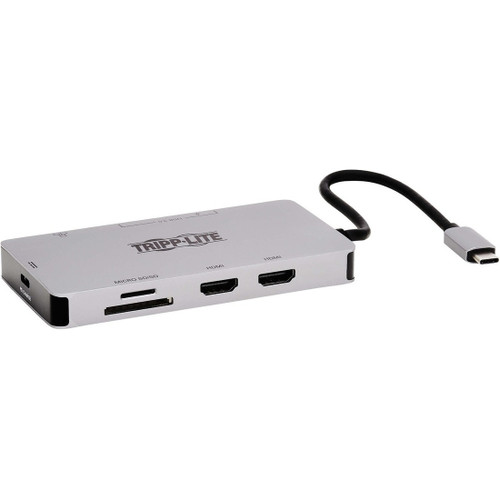 Tripp Lite USB-C Dock Dual Display 4K 60 Hz HDMI USB 3.2 Gen 1 USB-A Hub GbE Memory Card 100W PD Charging Gray