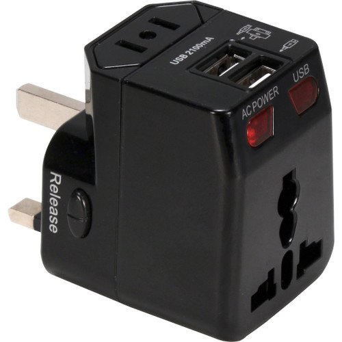 QVS Premium World Travel Power Adaptor with Surge Protection & 2.1A Dual-USB Charger