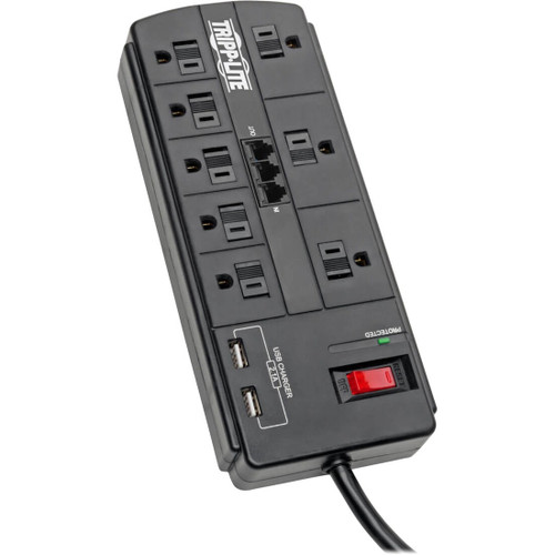 Tripp Lite 8-Outlet Surge Protector with 2 USB Ports (2.1A Shared) 8 ft. (2.43 m) Cord 1200 Joules Tel/Modem Black
