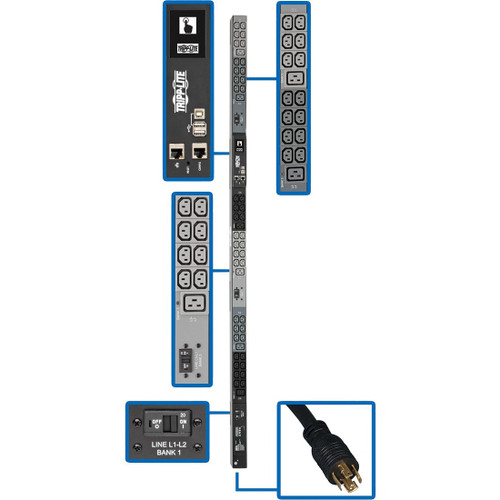 Tripp Lite 10kW 200-240V 3PH Monitored PDU LX Interface Gigabit 48 Outlets L21-30P Input LCD 1.8 m Cord 0U 1.8 m Height TAA