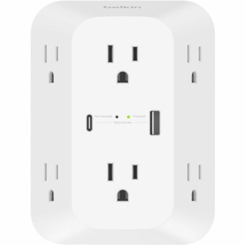 Belkin 6-Outlet Surge Protector Power Strip, Wall-Mountable with 6 AC Outlets, Overvoltage Protection, LED Indicator - USB-C Port & USB-A Port w/USB-C PD Fast Charging - 1680 Joules of Protection