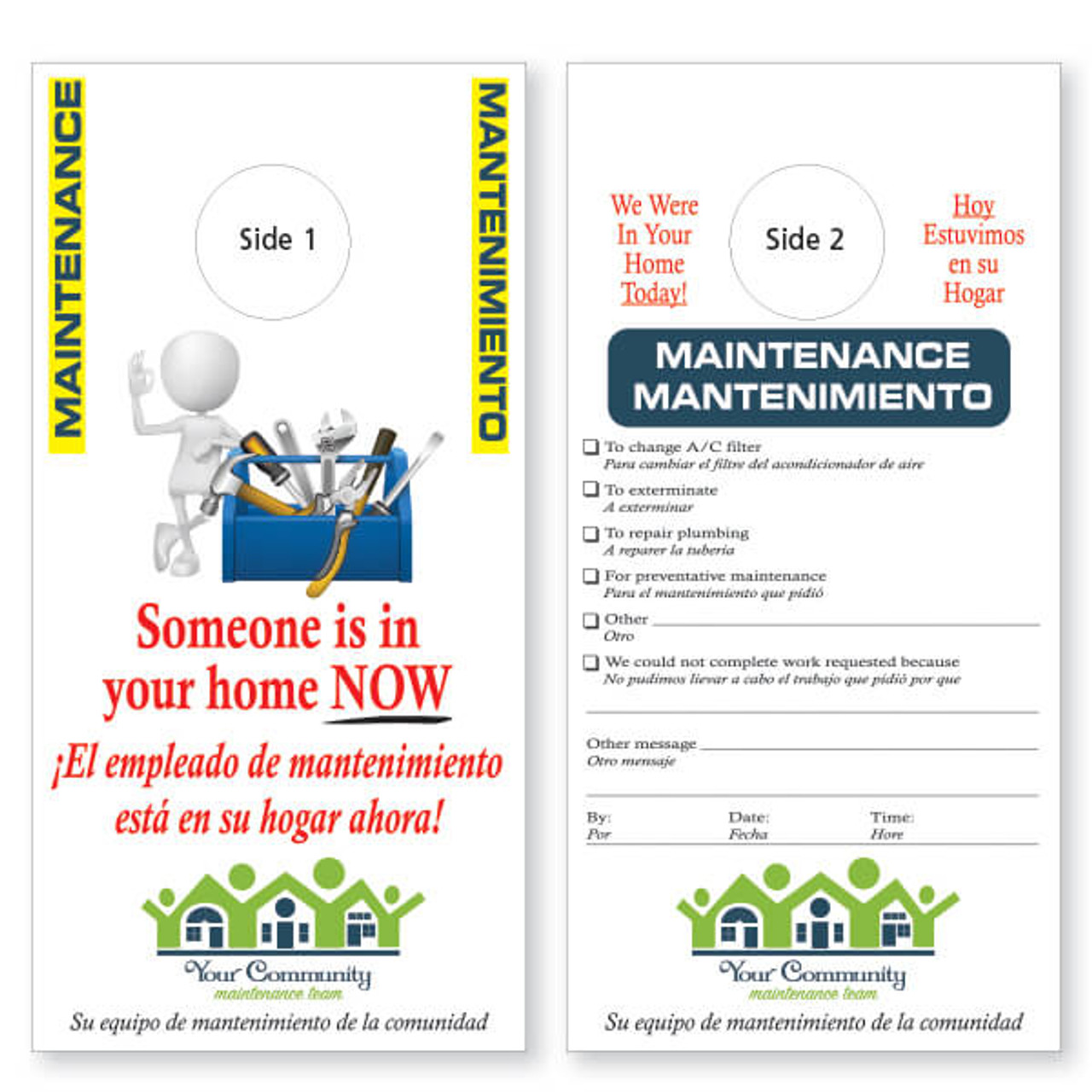 Maintenance door hanger 2-sided in English and Spanish