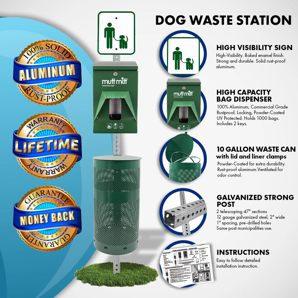 Our dog waste stations come with:  High visibility sign, High Capacity Bag Dispenser, 10-gallon waste can, galvanized strong post, Lifetime warranty, and money-back guarantee.