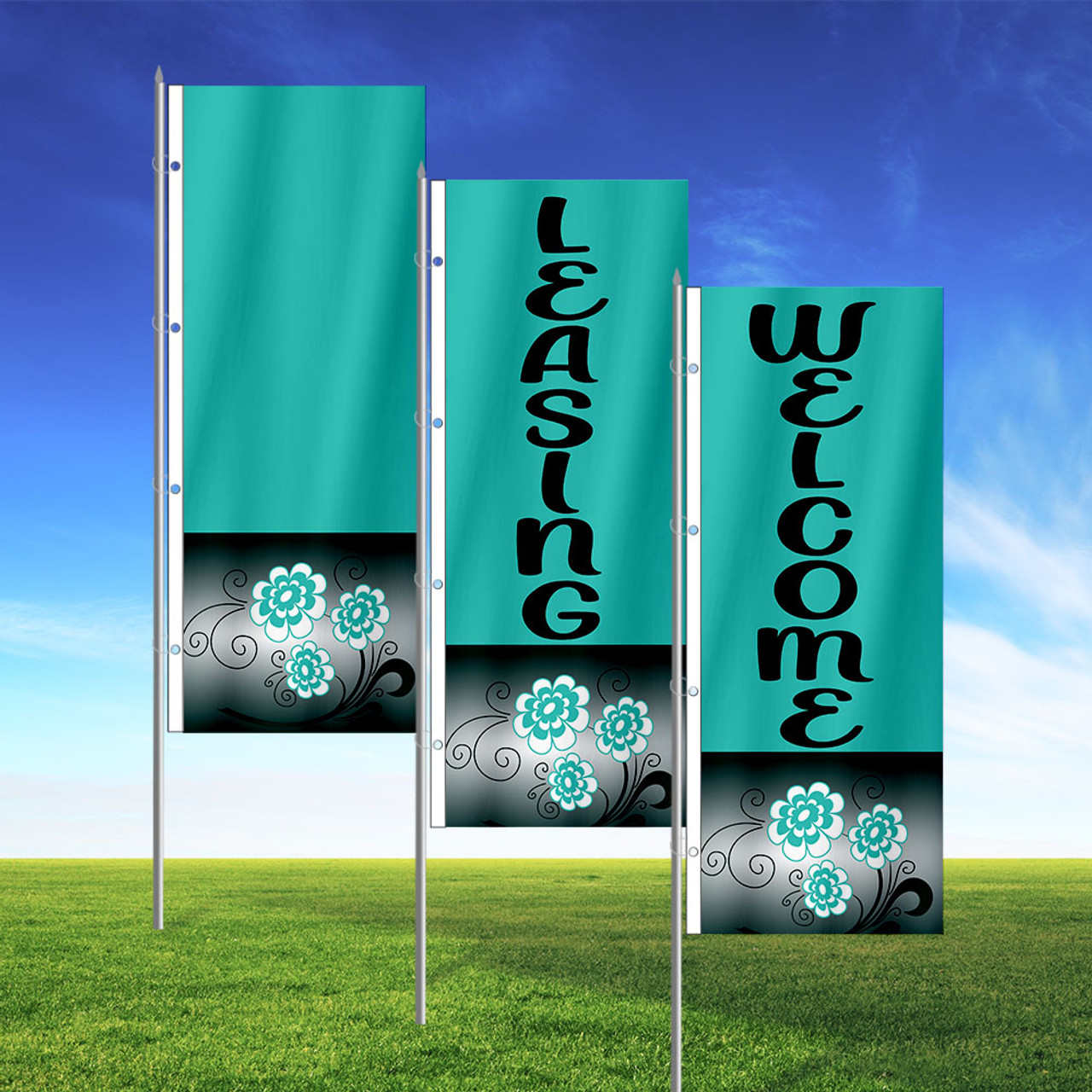 TEAL FLOWERS - 3x8 Vertical Outdoor Marketing Flag