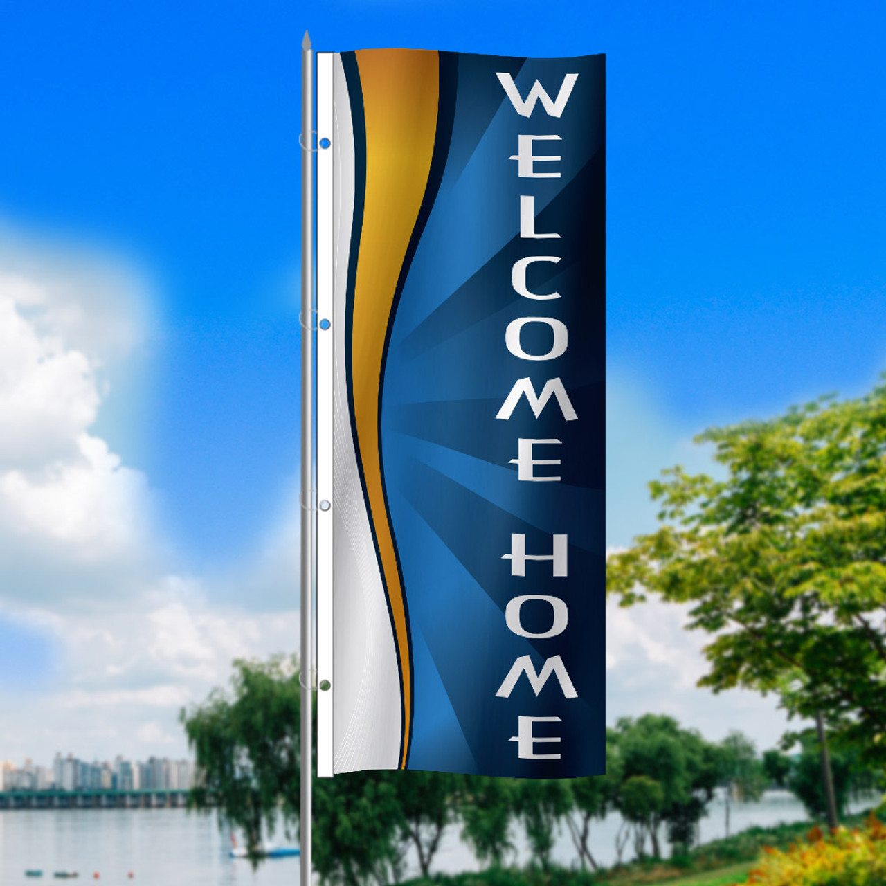 Blue Gold Nickel Welcome Whirlwind - 3x8 Vertical Outdoor Marketing Flag
