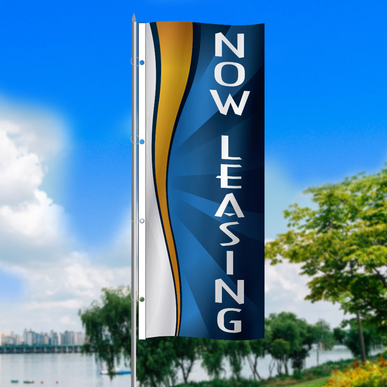 Blue Gold Nickel Leasing Whirlwind - 3x8 Vertical Outdoor Marketing Flag