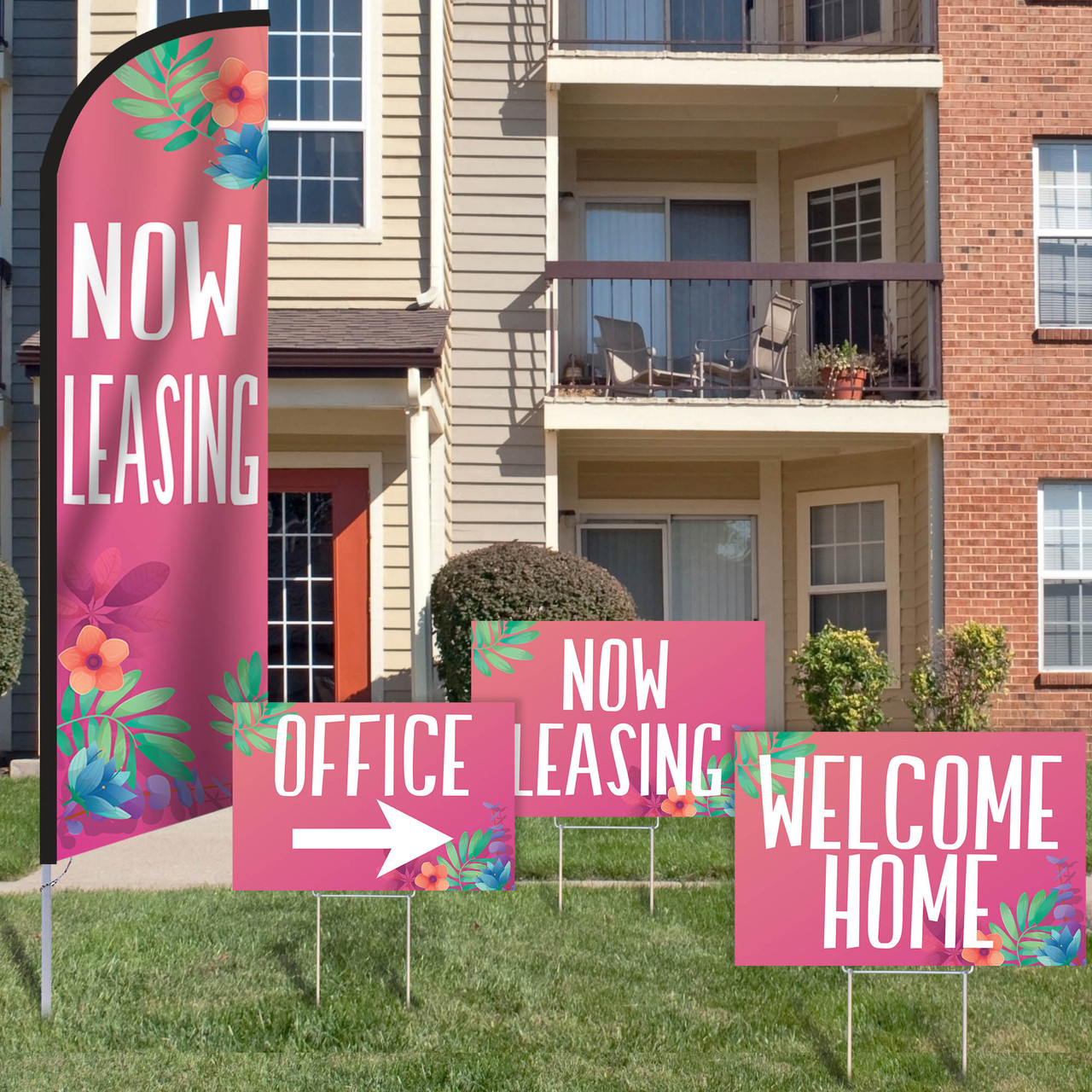 Pink Floral -  Double Sided Feather Flag and Yard Sign Marketing Bundle