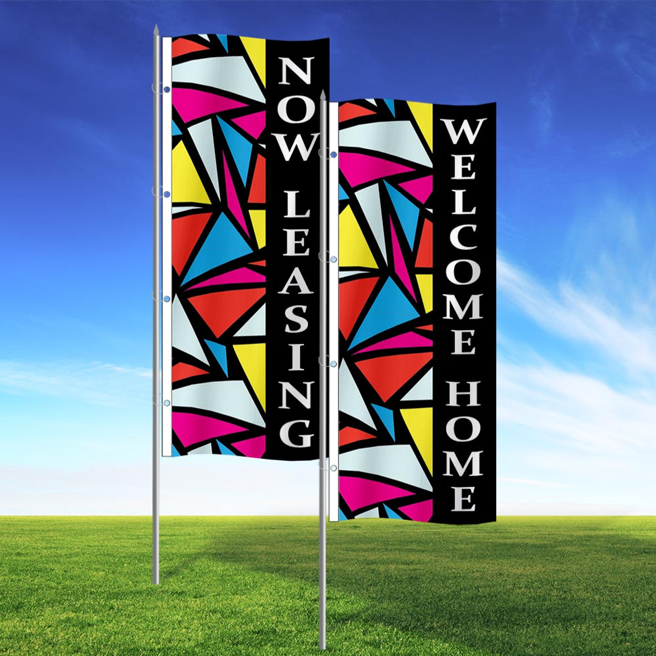 Colorful Stained Glass- Double Sided 3x8 Vertical Wave Flag