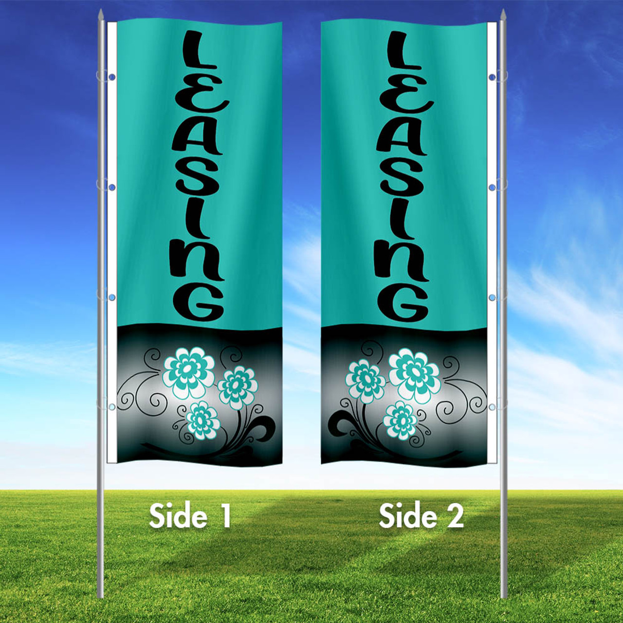 Teal Flowers- Double Sided 3x8 Vertical Wave Flag