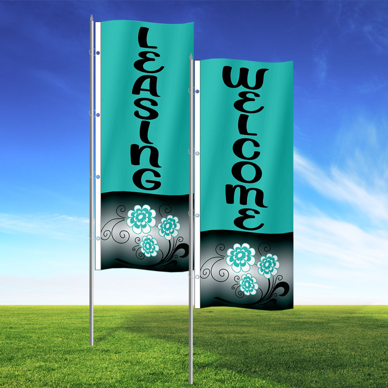 Teal Flowers- Double Sided 3x8 Vertical Wave Flag