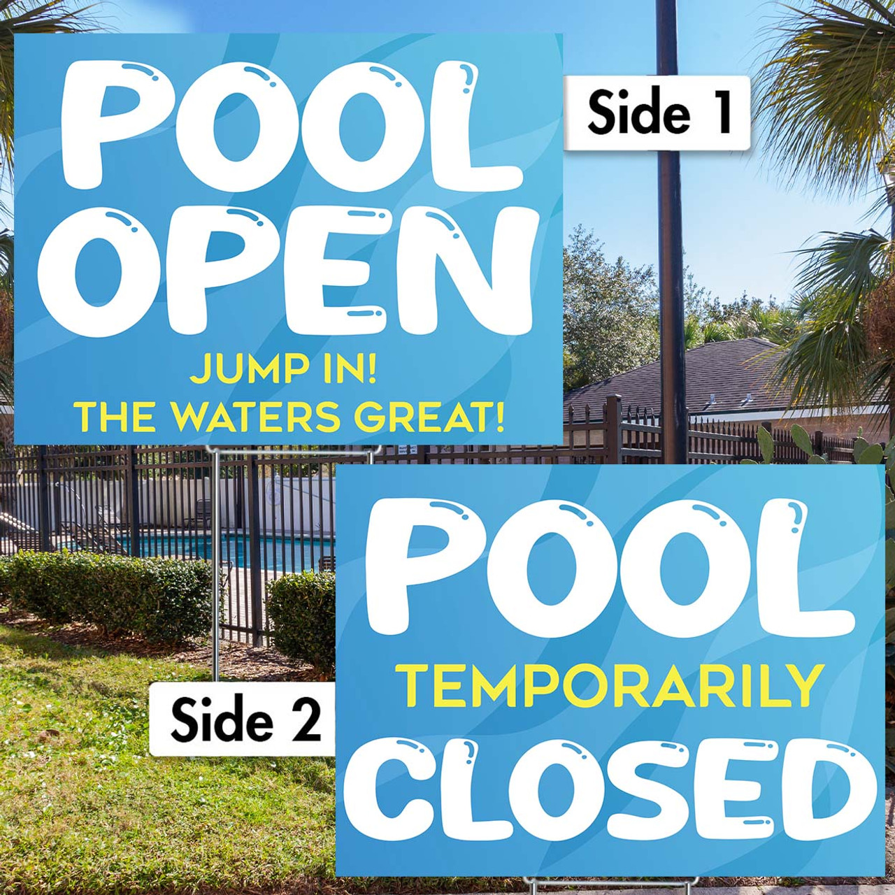 Pool Open Closed: Dual Message Yard Sign (Blue Abstract)