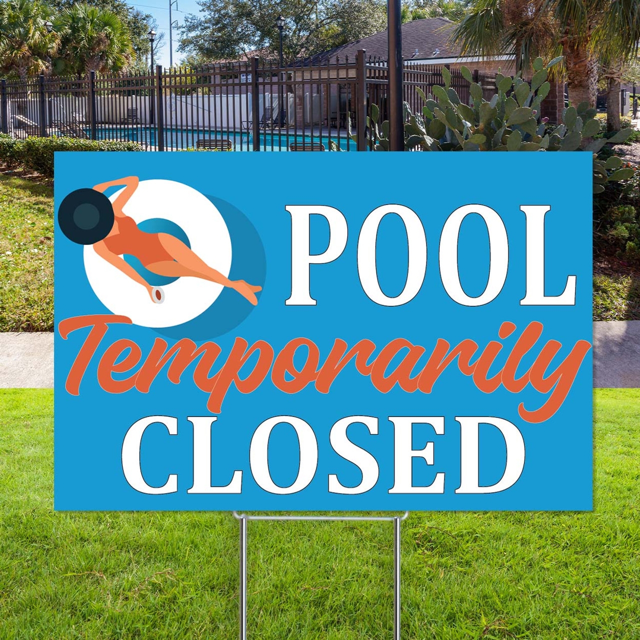 Pool Open Closed: 12"x18" Dual Message Yard Sign (Woman)